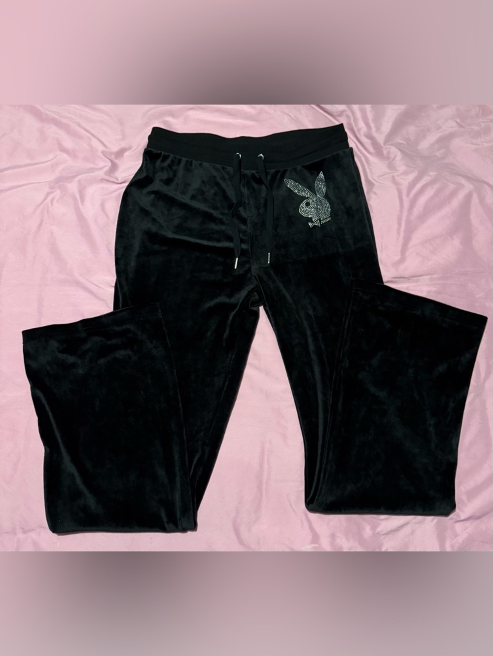 PLAYBOY Black Velour Lounge Pants with Rhinestone Bunny